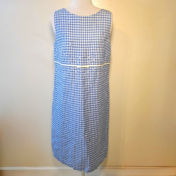 Talbots Dresses & Skirts - Talbots: Women's 6 Blue Gingham Embroidered Flowers Linen Blend Shift Dress